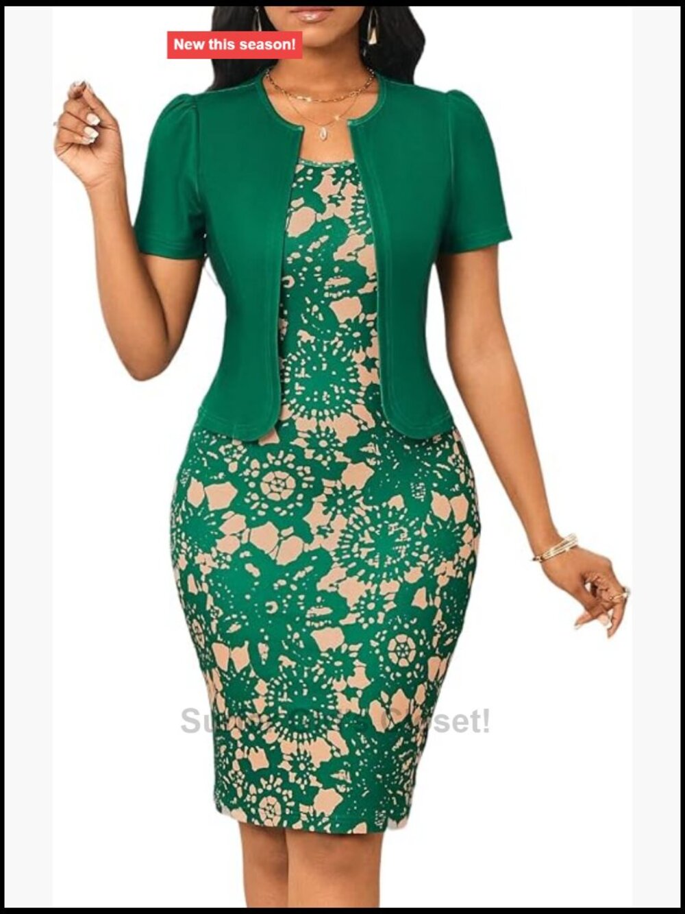 Two Piece Bodycon Midi Dress Set Crew Neck Short Sleeve Print Pencil Work Party